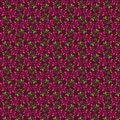 Fine leaf pattern Small floral fabric print Tiny floral fabric Simple green pink magenta on a dark rustic red background