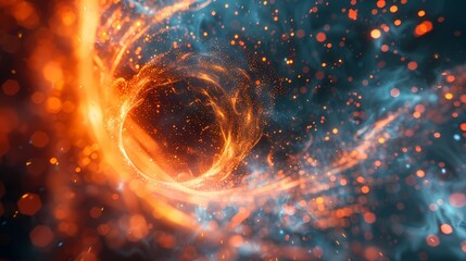 A scene of a particle fire whirl, with a background of particles of matter and energy