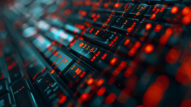 Computer keyboard illuminated numeric code, black and red colors. programming, Internet systems, coding.	
