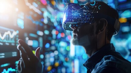 A Caucasian man, equipped with VR headgear, engages with big data analytics in a virtual environment, exemplifying the synergy between human intellect