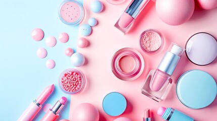 Various makeup and cosmetic products displayed on a vibrant pink and blue backdrop