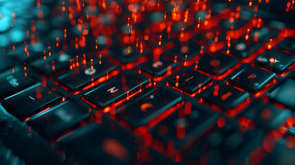 Obraz premium Computer keyboard illuminated numeric code, black and red colors. programming, Internet systems, coding. 