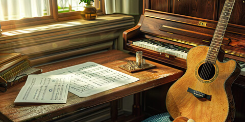 Music Maestro: A cozy desk with a guitar, piano, and sheet music, symbolizing the dedication and artistry of a musician composing and performing soul-stirring melodies