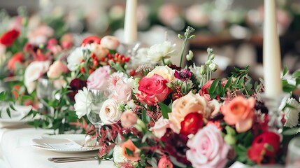 Fantastic flower compositions laying on a wedding table