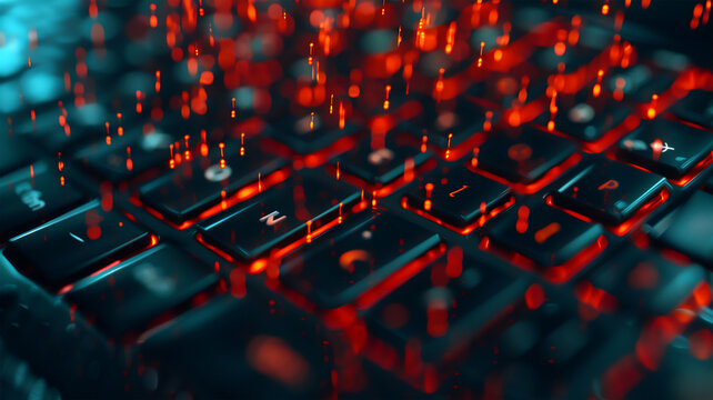 Computer keyboard illuminated numeric code, black and red colors. programming, Internet systems, coding.	
