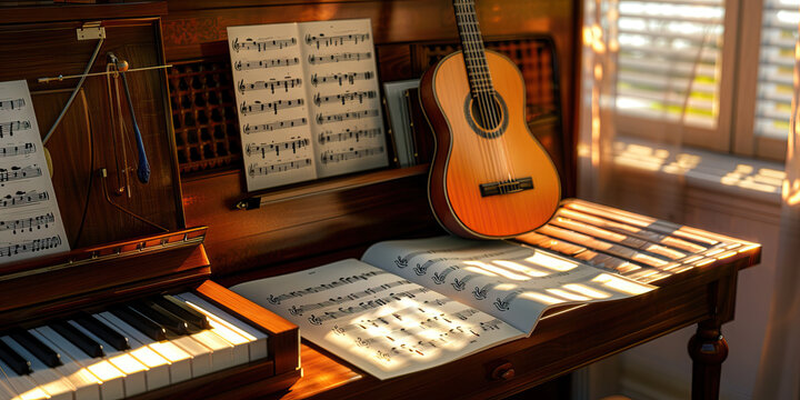 Music Maestro: A cozy desk with a guitar, piano, and sheet music, symbolizing the dedication and artistry of a musician composing and performing soul-stirring melodies