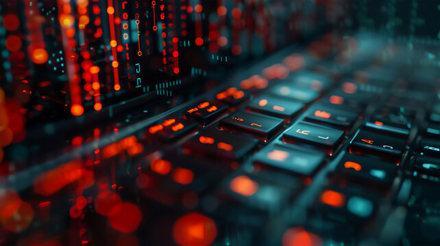 Computer keyboard illuminated numeric code, black and red colors. programming, Internet systems, coding.	
