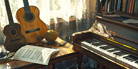 Music Maestro: A cozy desk with a guitar, piano, and sheet music, symbolizing the dedication and artistry of a musician composing and performing soul-stirring melodies