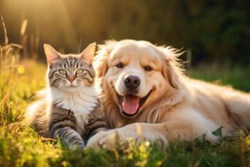 A contented cat and a happy dog rolling around in the grass