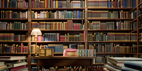 Librarian's Stacks: A compact desk amidst bookshelves, with a card catalog and reading glasses, picturing a librarian working in a library