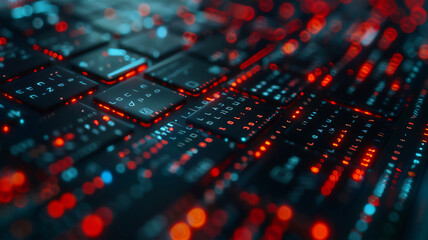 Computer keyboard illuminated numeric code, black and red colors. programming, Internet systems, coding.	
