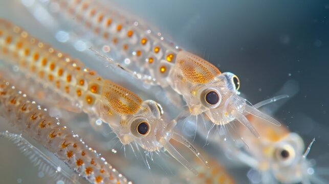 A wriggler is larva of a mosquito, Close-up of translucent, orange-spotted fish mosquito larva swimming in a school.  Their large eyes are prominent.