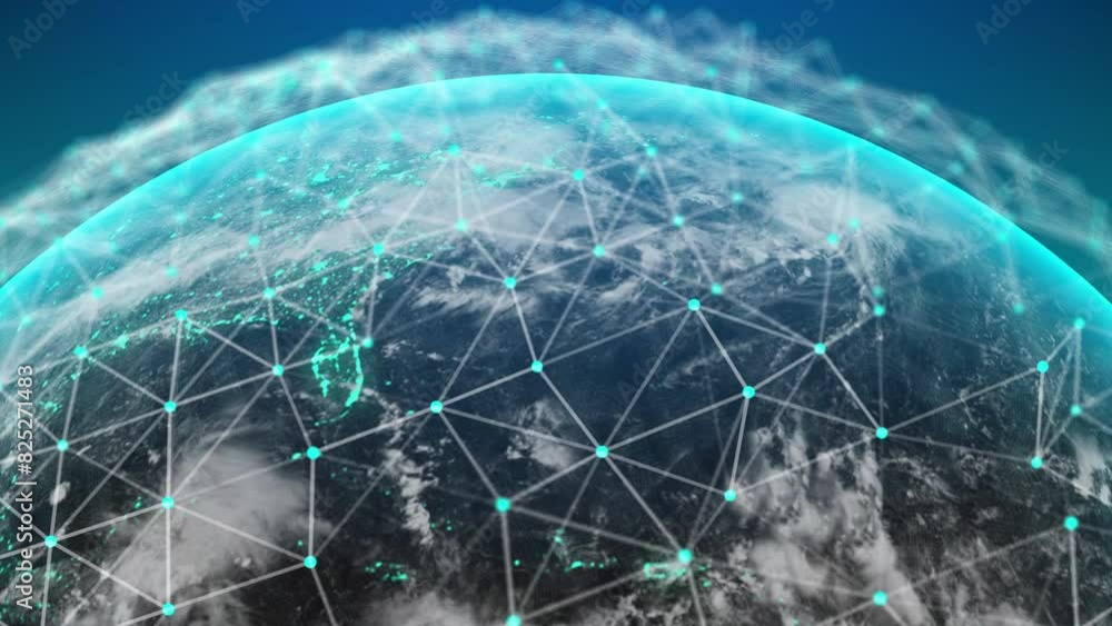 Poster connected planet. abstract tech earth globalization in 3d motion graphic. concept transmit ai networ