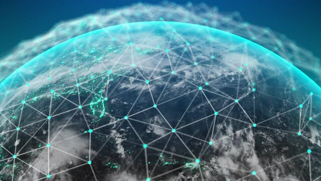 Connected planet. Abstract Tech Earth Globalization in 3d Motion Graphic. Concept Transmit Ai Networking on Fiber Optic. Transfer 5g Web Communications Signal on
