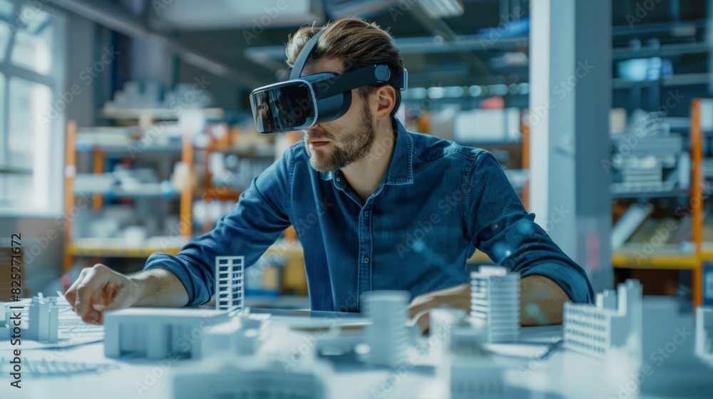 Poster workspace, a Caucasian architect uses VR headsets to visualize building designs. The civil engineer focuses on creating efficient