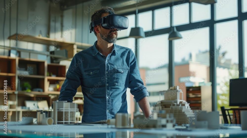 Poster workspace, a Caucasian architect uses VR headsets to visualize building designs. The civil engineer focuses on creating efficient