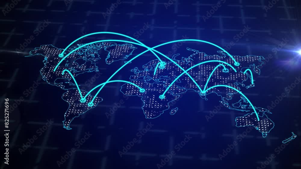 Poster world map with global network connection, data and economy. ai network transmission concept in optic