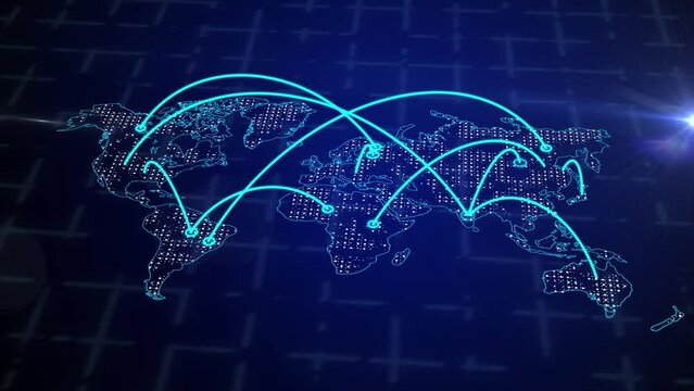 World map with global network connection, data and economy. Ai network transmission concept in optical fiber. Transfer 5G web communications signal activated. New world order
