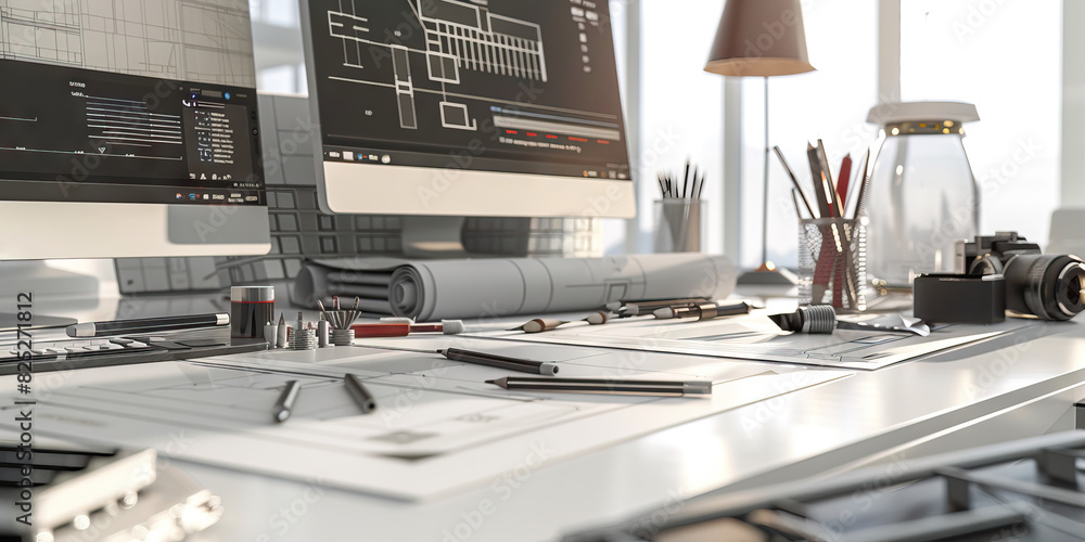 Wall mural architect's drawing board: a sleek desk with architectural tools, blueprints, and a computer modelin