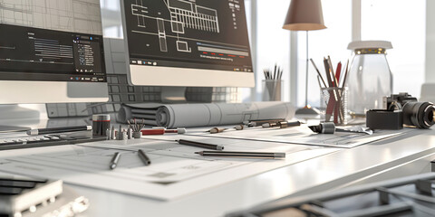 Architect's Drawing Board: A sleek desk with architectural tools, blueprints, and a computer modeling software, showcasing an architect designing a building or structure.