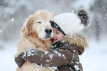 A small child embracing their pet golden retriever in the snow in a winter park. Perfect for seasonal and family-themed content.