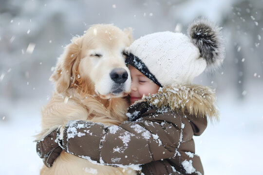 A small child embracing their pet golden retriever in the snow in a winter park. Perfect for seasonal and family-themed content.