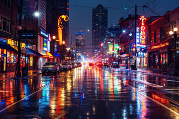 Fototapeta premium a busy city street at night with vibrant neon lights and reflections on wet pavement, capturing urban energy and modernity.