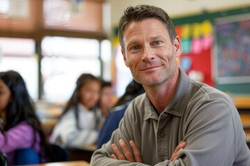 a Caucasian male teacher sitting in a school class, exemplifying dedication and commitment to education.