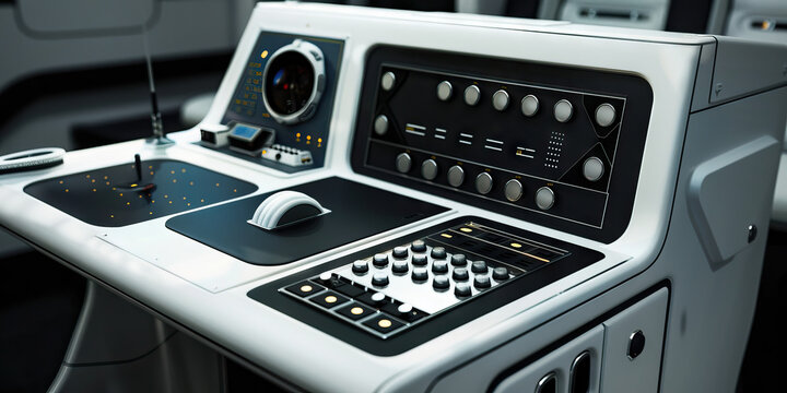 Astronaut's Capsule: A compact desk with space-age controls and equipment, evoking an astronaut's workspace aboard a spacecraft