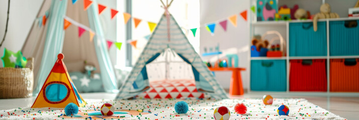 a cheerful Latino children's playroom with a tent and toys. Bright and colorful area for children's activities