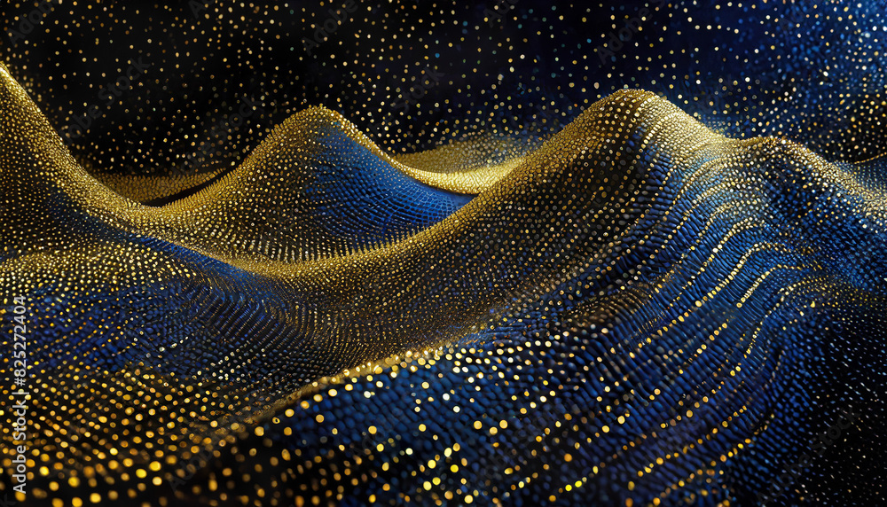 Poster illustration of abstract background with golden particles bokeh forming wave on a blue backdrop. lux