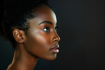 Fototapeta premium a close-up side view of a pretty young African American woman posing against a black background, highlighting her natural beauty.