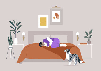 Depression and sadness, A sad person in purple pajamas is curled up on an orange bed, with a worried collie standing nearby, the contemporary room features framed art, plants, and stylish decor