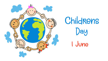 Happy International Children's day. 1 June. Hand drawn vector illustration. Template banner, poster, greeting card Childrens day.