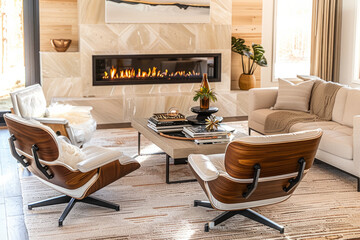a contemporary living room featuring an inviting fireplace as the focal point, harmonized with minimalist decor elements, evoking a sense of modern sophistication and warmth.