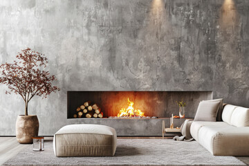 a contemporary living room featuring an inviting fireplace as the focal point, harmonized with minimalist decor elements, evoking a sense of modern sophistication and warmth.