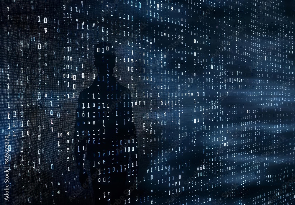 Poster silhouette of human figure surrounded by binary code