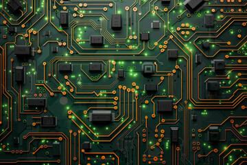 Fototapeta premium a detailed circuit board background, with interconnected electronic elements and circuits, representing the complexity and advancement of modern technology.