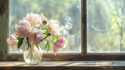 Lovely peony bouquet in sunny light on rustic wooden window sill