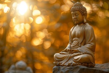 Golden Buddha Statue in Sunlit Garden with Bokeh Effect