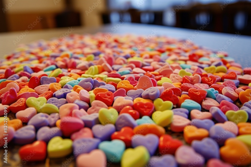 Poster vibrant array of multicolored heartshaped candies arranged on a table surface, creating a festive mo