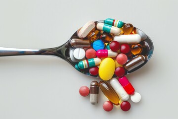 A spoonful of colorful tablets against a white background, top view