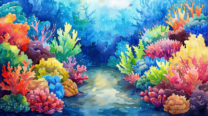 Vibrant coral reef scene with colorful coral formations and a sunlit patch in the blue water.