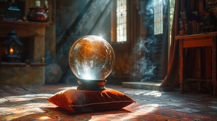 mystical fortune telling, a crystal ball rests on a velvet cushion, emitting a mystical light in a dim room as shadows create an aura of fate yet to be revealed