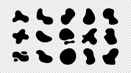 Liquid shapes, round abstract elements. Simple blotch water forms. Abstract organic black fluid blobs irregular shapes set of collection for speech bubbles. Vector illustration on a transparent bg.