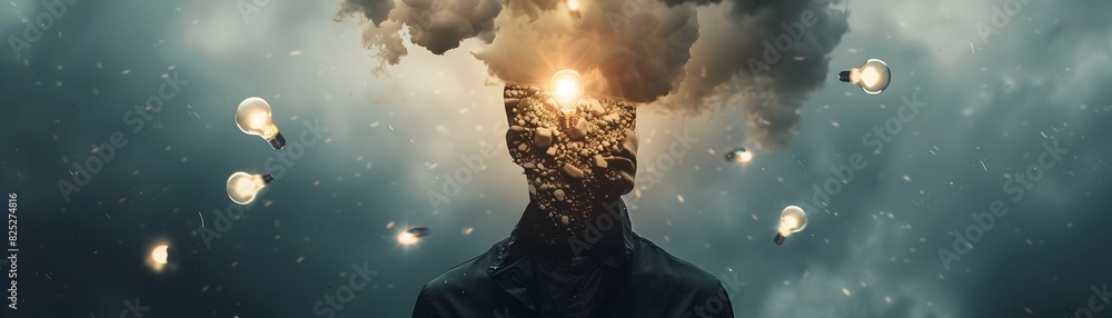 Poster surreal conceptual of worker facing challenges with broken light bulb cloud
