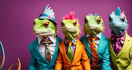Creative animal concept, Group of lizards in funky, wacky, wild mismatched colorful outfits isolated on bright background, perfect for advertisement, copy space, birthday party invites, and banners