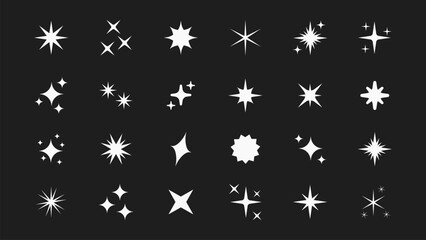 Retro futuristic bright vector icons collection. Set of original star sparkle shapes. Abstract shine effect vector sign. Glowing light effect, twinkle templates stars and bursts, shiny flash.