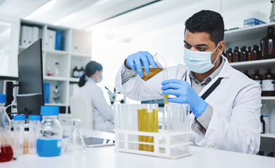 Fototapeta premium Man, scientist and medical research for covid 19, vaccine and test with mask in lab for pharmaceutical. Male person, technician and pathology in healthcare for chemistry in forensic or investigation