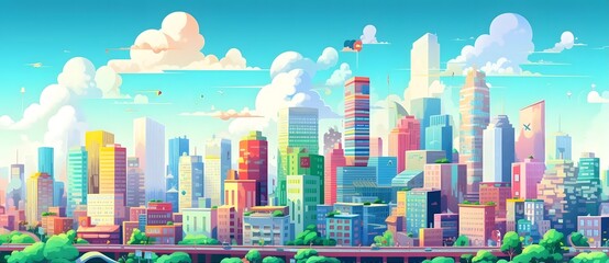Colorful Cityscape with Tall Skyscrapers